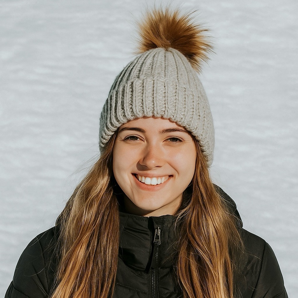 Handmade Crochet Beanie Hat Adult Ribbed with faux fur pompom